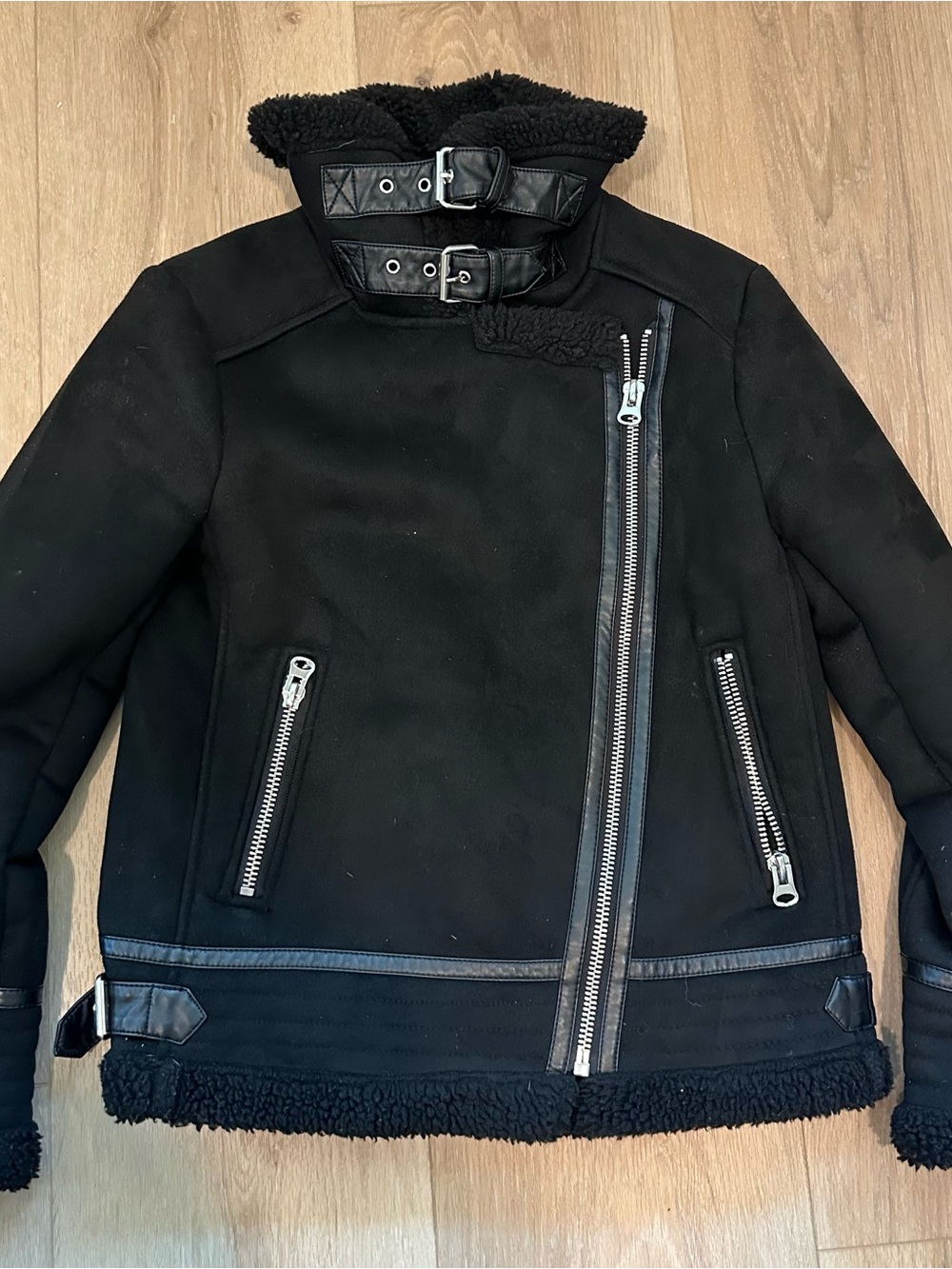 Zara Biker-Style Shearling Trim Jacket, Small